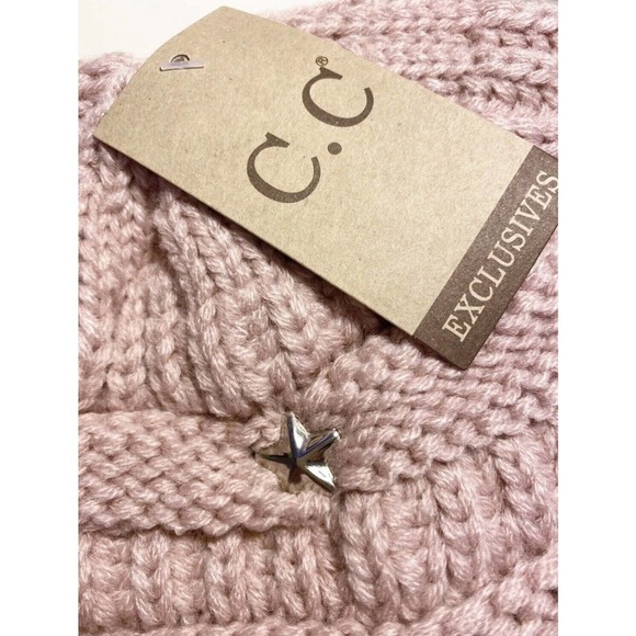 New Adult Size CC Winter Blush Pink Preppy Cable Knit Hat Cap Beanie w/ Stars - Picture 5 of 7